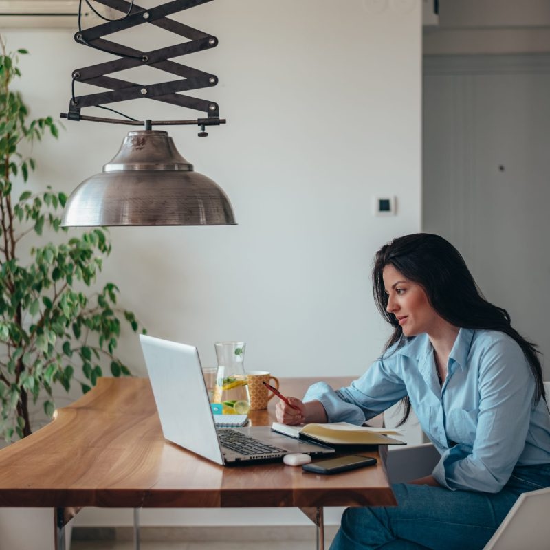 Beautiful young businesswoman using a laptop while working at home and sitting in a dinning area